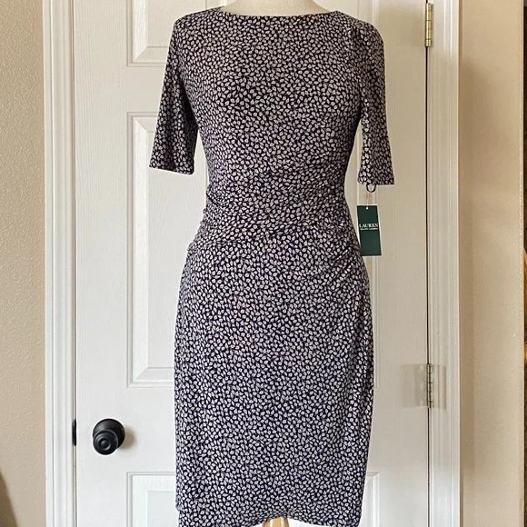 Polo Ralph Lauren | Dresses | Lauren Ralph Lauren Short Sleeve Lined Sheath  Ruched Dress Navy Leaf Size 4 | Poshmark